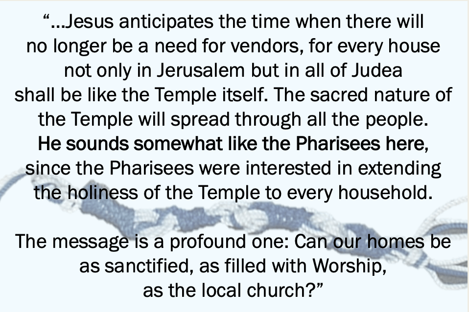 one last quote from Levine: “…Jesus anticipates the time when there willno longer be a need for vendors, for every house not only in Jerusalem but in all of Judea shall be like the Temple itself. The sacred nature of the Temple will spread through all the people. He sounds somewhat like the Pharisees here, since the Pharisees were interested in extending the holiness of the Temple to every household.The message is a profound one: Can our homes be as sanctified, as filled with Worship, as the local church?”