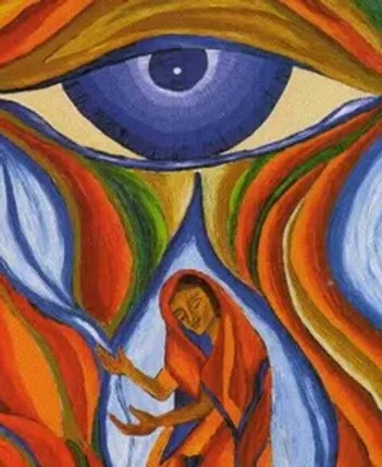  a painting of a figure like Hagar who is smiling as water pours through her hands; above her is a giant eye.
