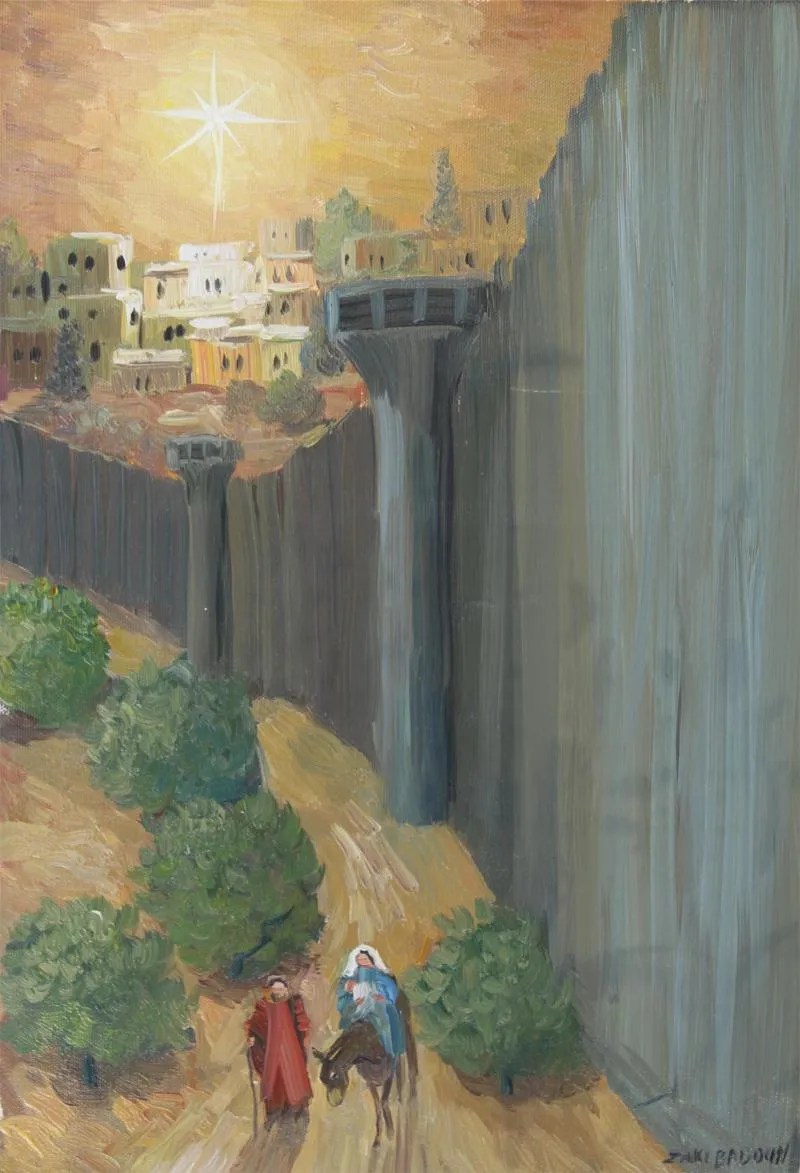 Painting depicts the wall that divides Bethlehem, with Joseph walking beside a donkey carrying Mary in the foreground, and a star shining above Bethlehem in the background.