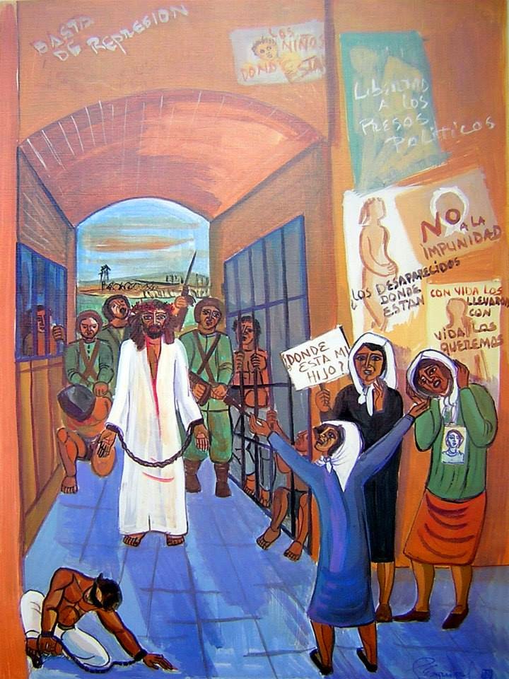 Painting of Jesus in white and a crown of thorns being led in chains by military officers of the Argentine dictatorship (1976-1983). The mothers of the Plaza de Mayo in their white handkerchiefs cry out in pain and protest, as do the mothers and fathers of the 30,000 people who were disappeared during the Argentine dictatorship. Signs on the wall demand to know where children, women, and other disappeared persons have gone.