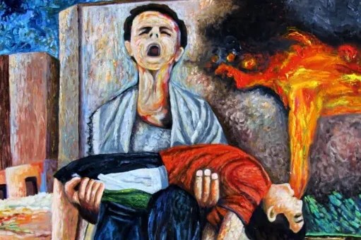 A painting of a young person, maybe a teen, mouth open in grief as he kneels and holds a child's body in his arms. Buildings on fire form the backdrop. The boy's clothes are in the colors of the Palestinian flag.