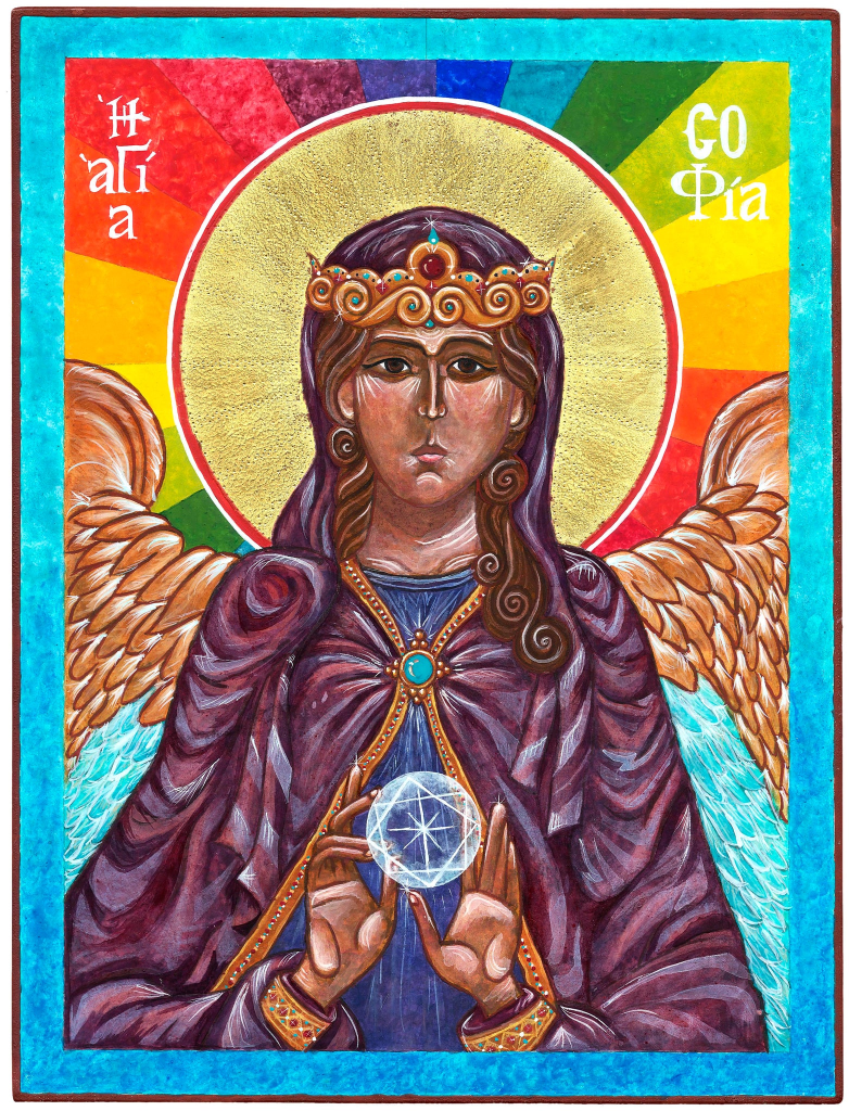 Icon of Sophia with rainbow light radiating from her halo; she is androgynous and has wings and a crown.