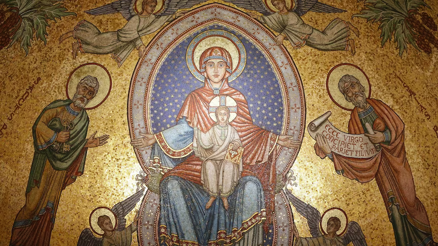 ID; ancient mural of Mary on a throne with a young Jesus in her lap. To her right is Peter holding a key. To her left is Isaiah holding a scroll on which the Latin for "Behold, a virgin will conceive and birth a son" is written