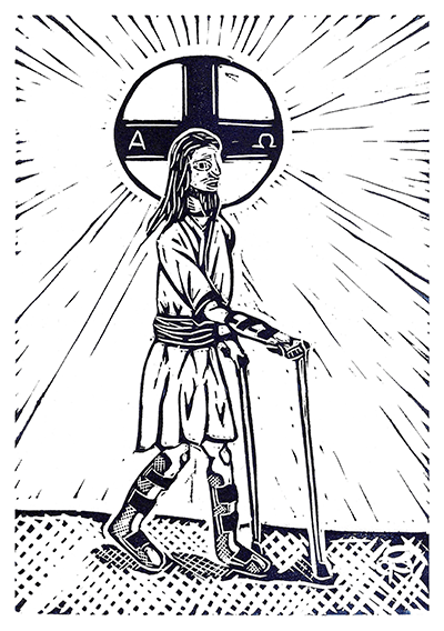 Black ink drawing of Jesus walking down a path with braces on his legs, holding two canes