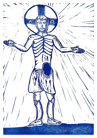 Blue ink drawing of Jesus, naked except a loincloth, with a large hole, or stoma, in his side.