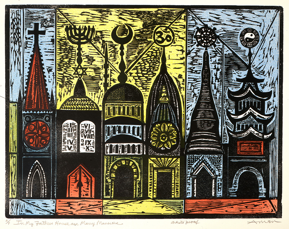 Print of a building set up like townhouses, narrow but tall units all pressed together. Each unit represents the religious building of a different religion.