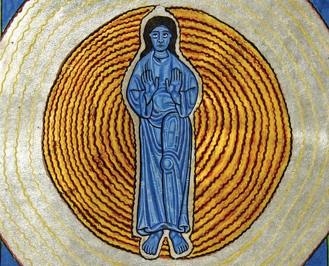 Medieval manuscript page featuring a blue figure (Jesus) standing in golden concentric circles